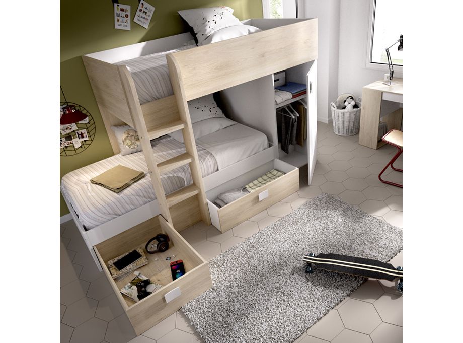 Cama tren modelo move natural y blanco abierta