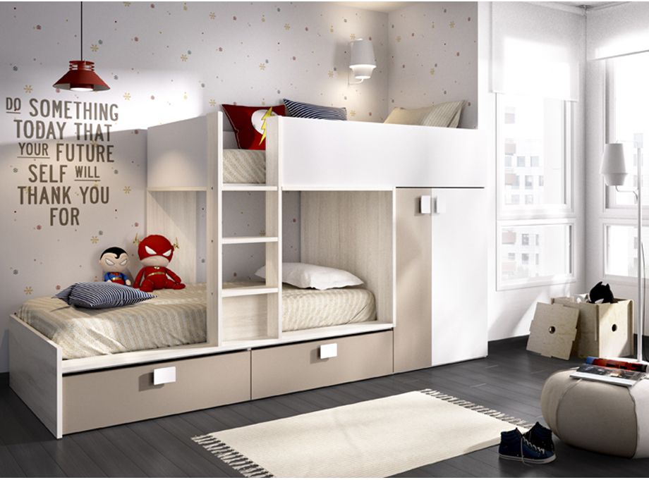 Frontal cama tren matt en tortora y blanco