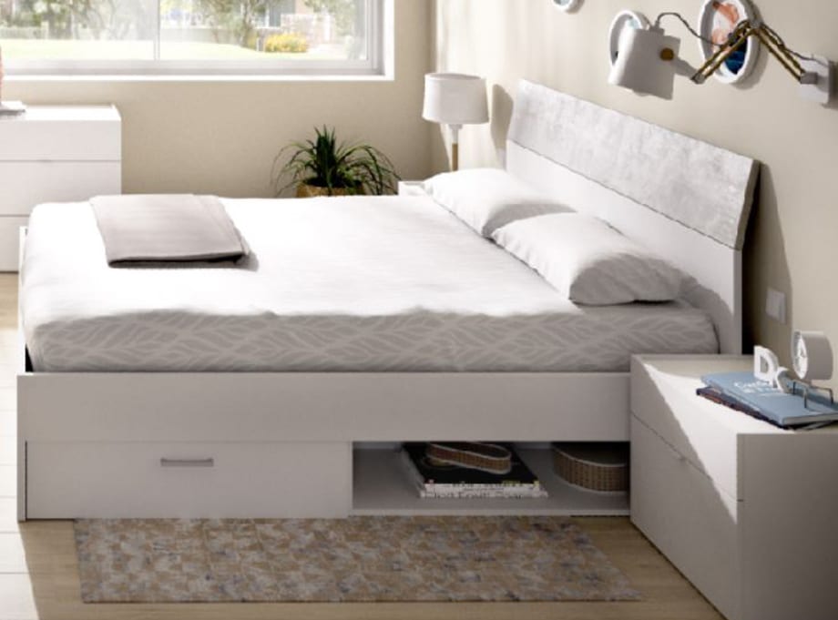 Conjunto de muebles de matrimonio blanco y cemento